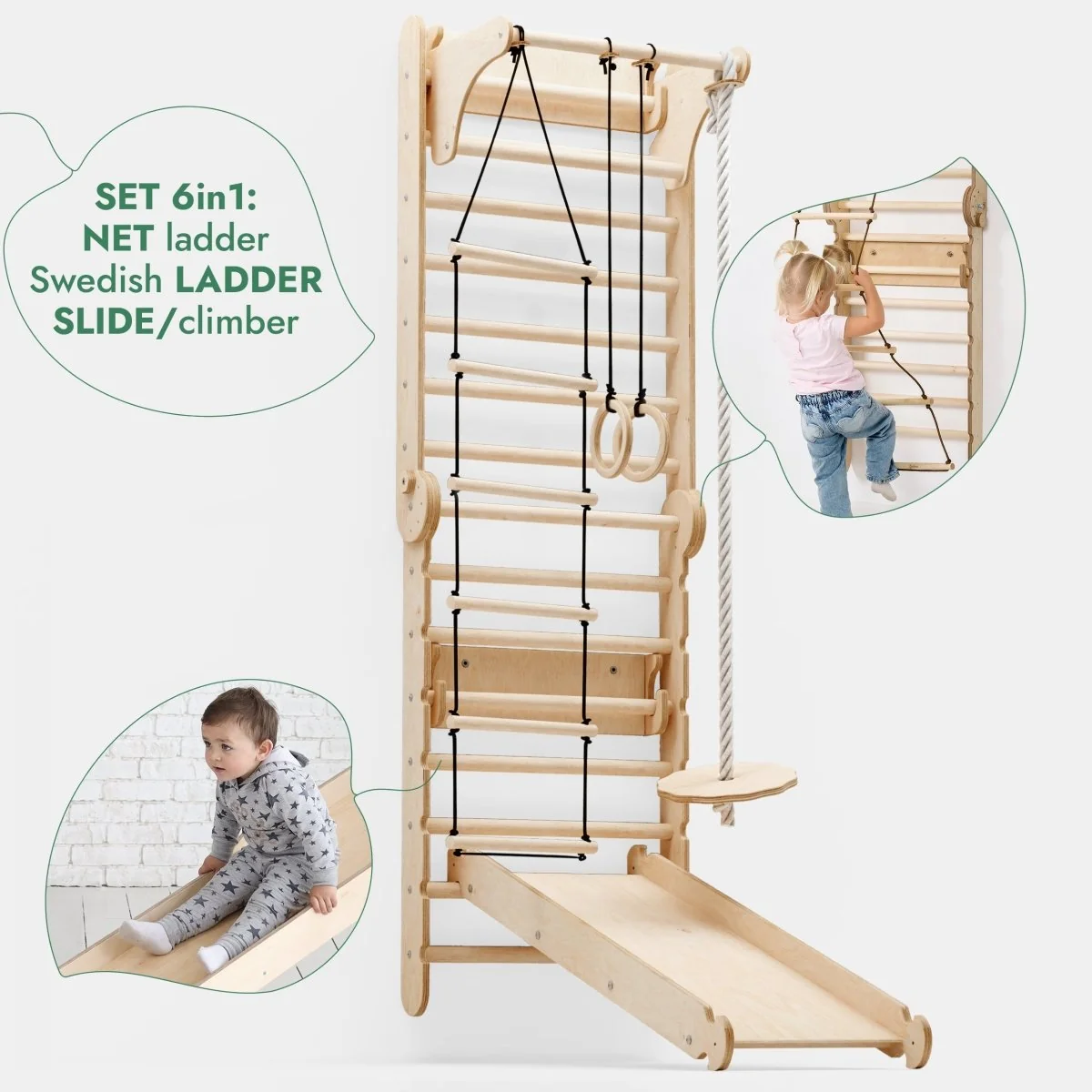 6in1: Wooden Swedish Wall / Climbing ladder for Children + Swing Set + Slide Board - Image 3