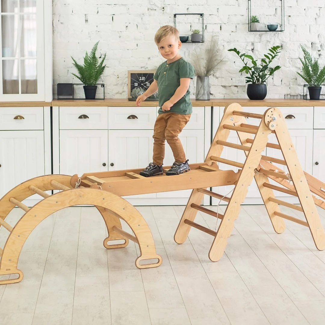 4in1 Montessori Climbing Frame Set: Triangle Ladder + Arch/Rocker + Slide Board/Ramp + Netting rope - Image 4