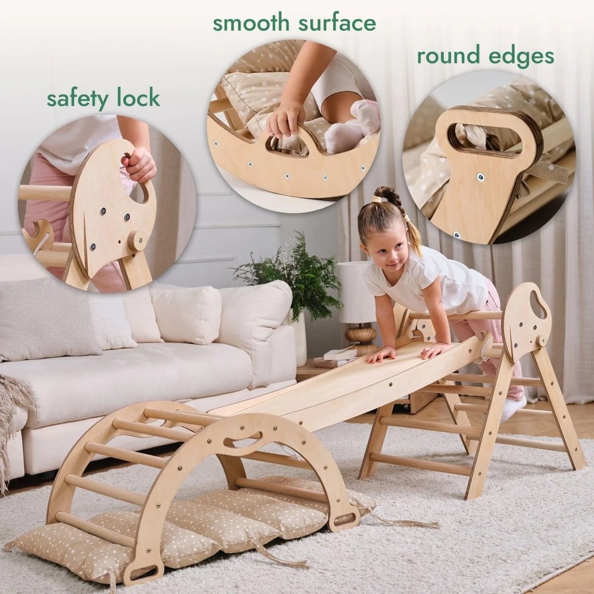 4in1 Montessori Climbing: Pikler Triangle + Arch + Slide Board + Cushion for Toddlers (1–3 Years) - Ivory - Image 4