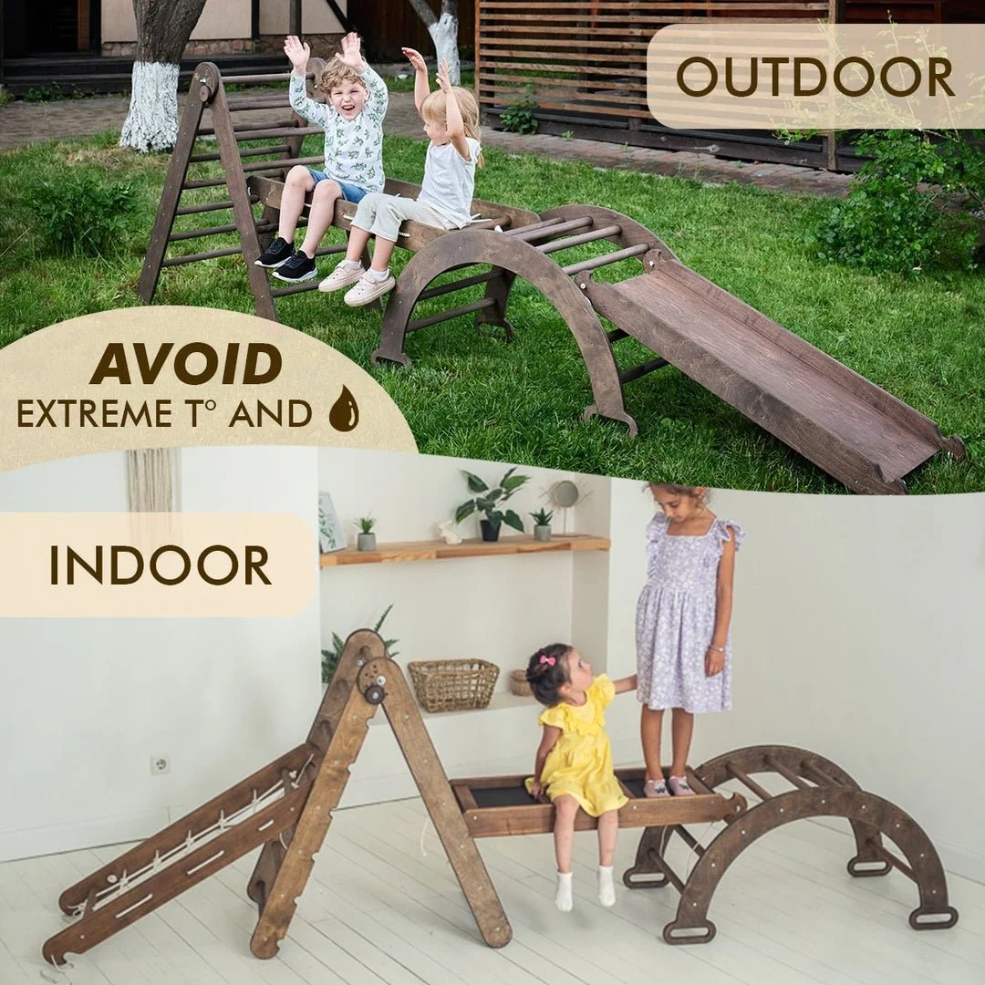 4in1 Montessori Climbing Set: Triangle Ladder + Arch/Rocker + Slide Board/Ramp + Net – Chocolate - Image 7