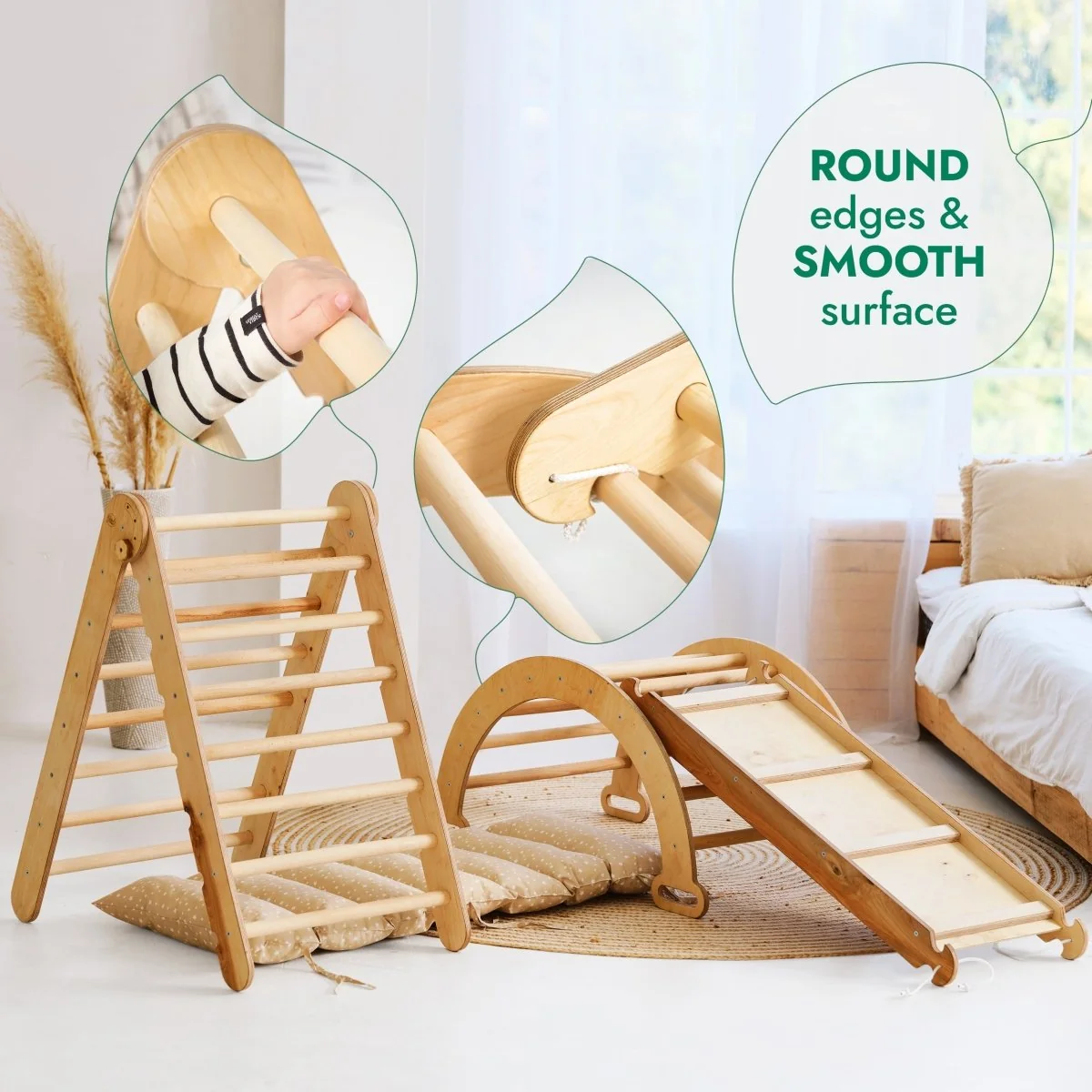 4in1 Montessori Climbing Set: Triangle Ladder + Climbing Arch + Slide Board + Cushion Beige - Image 5