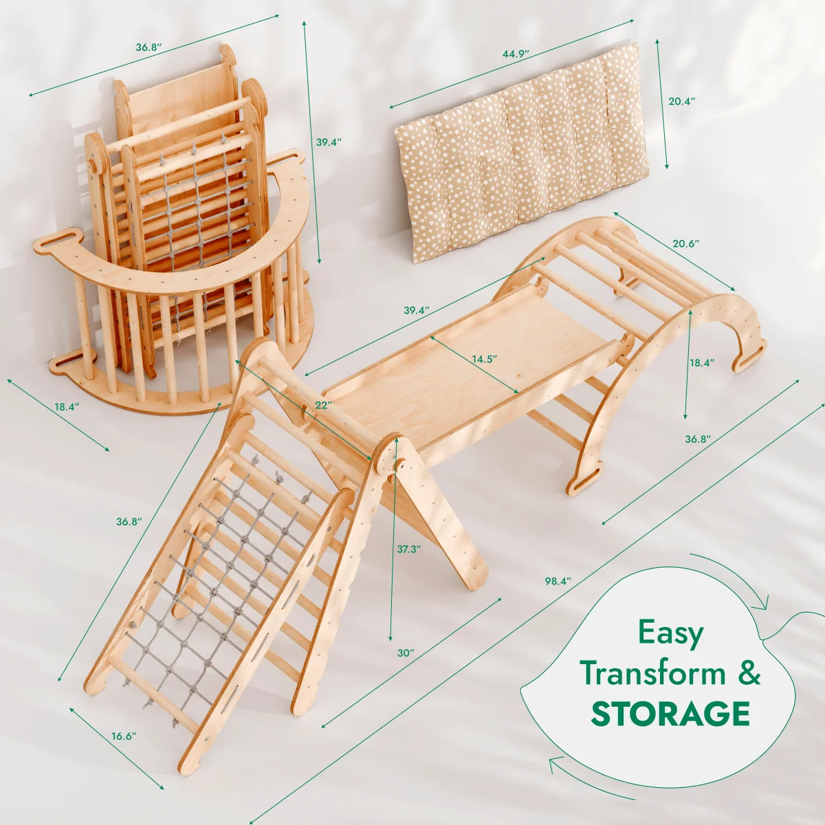 5in1 Montessori Climbing Frame Set: Triangle Ladder + Arch/Rocker + Slide Board/Ramp + Netting rope + Cushion - Image 2