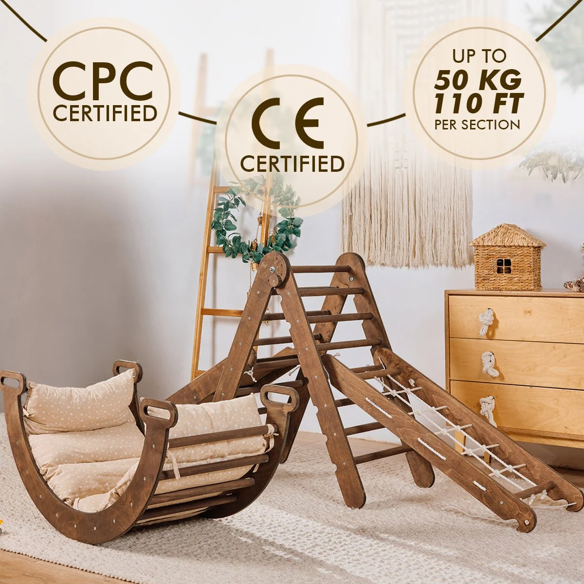 5in1 Montessori Climbing Set: Triangle Ladder + Arch/Rocker + Slide Board/Ramp + Net + Cushion – Chocolate - Image 10