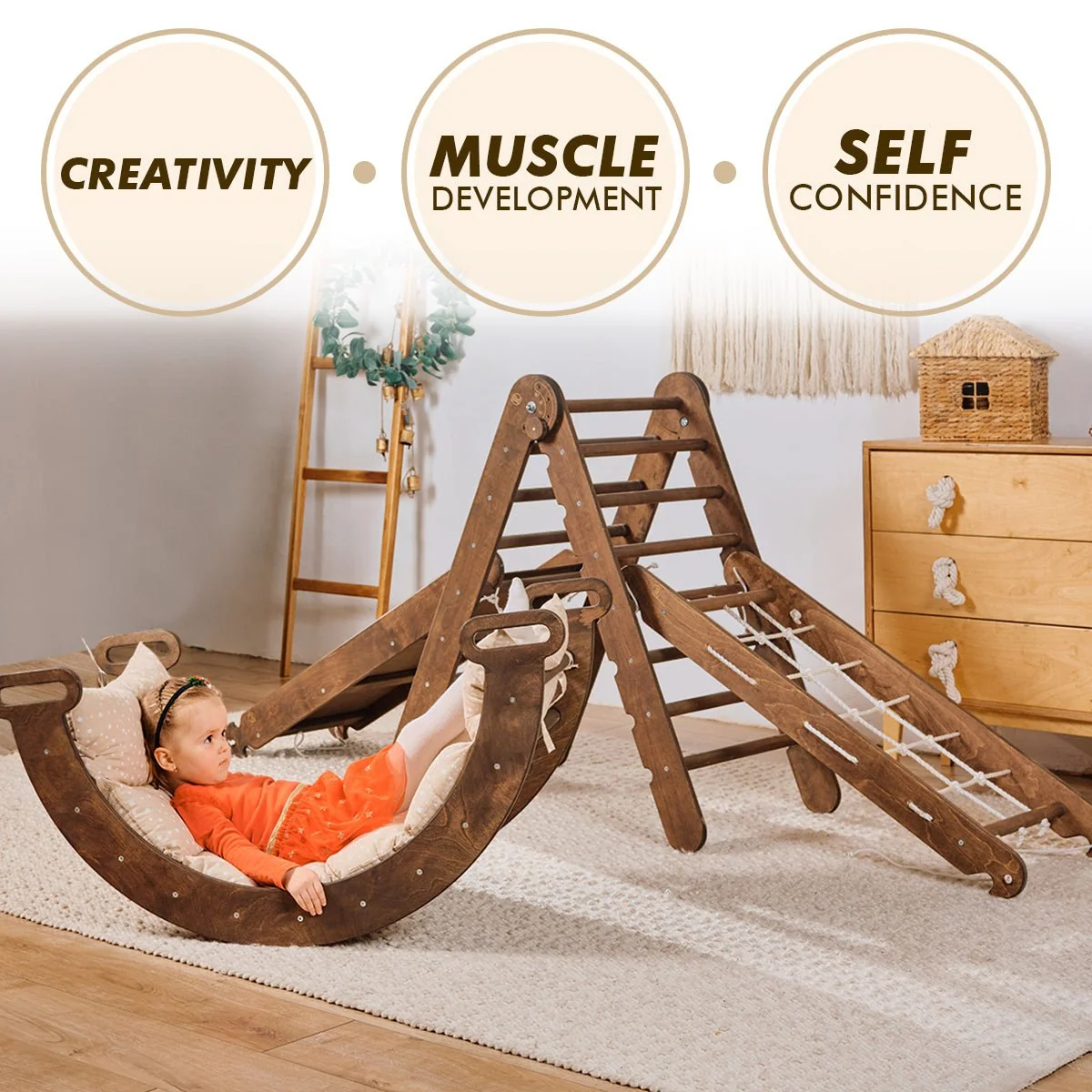 5in1 Montessori Climbing Set: Triangle Ladder + Arch/Rocker + Slide Board/Ramp + Net + Cushion – Chocolate - Image 12