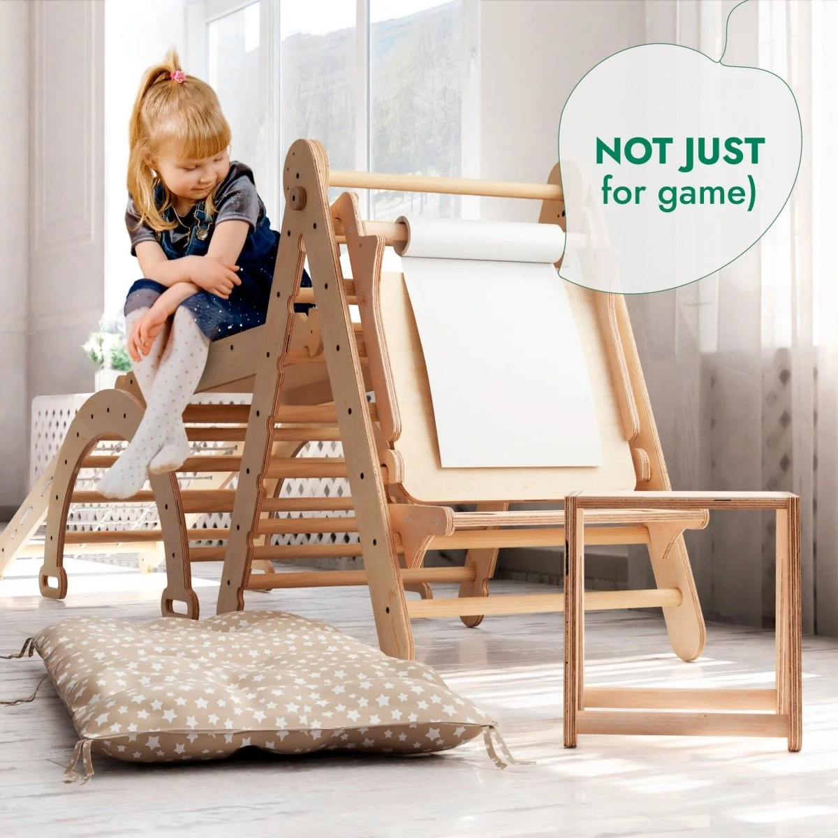 6in1 Montessori Climbing Frame Set: Triangle Ladder + Arch/Rocker + Slide/Ramp + Net + Cushion + Art Addition - Image 10