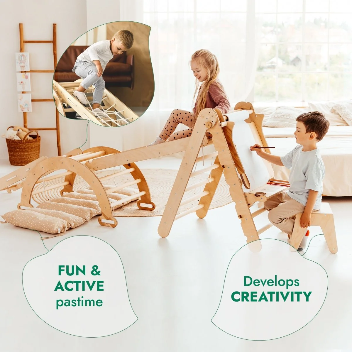 6in1 Montessori Climbing Frame Set: Triangle Ladder + Arch/Rocker + Slide/Ramp + Net + Cushion + Art Addition - Image 3