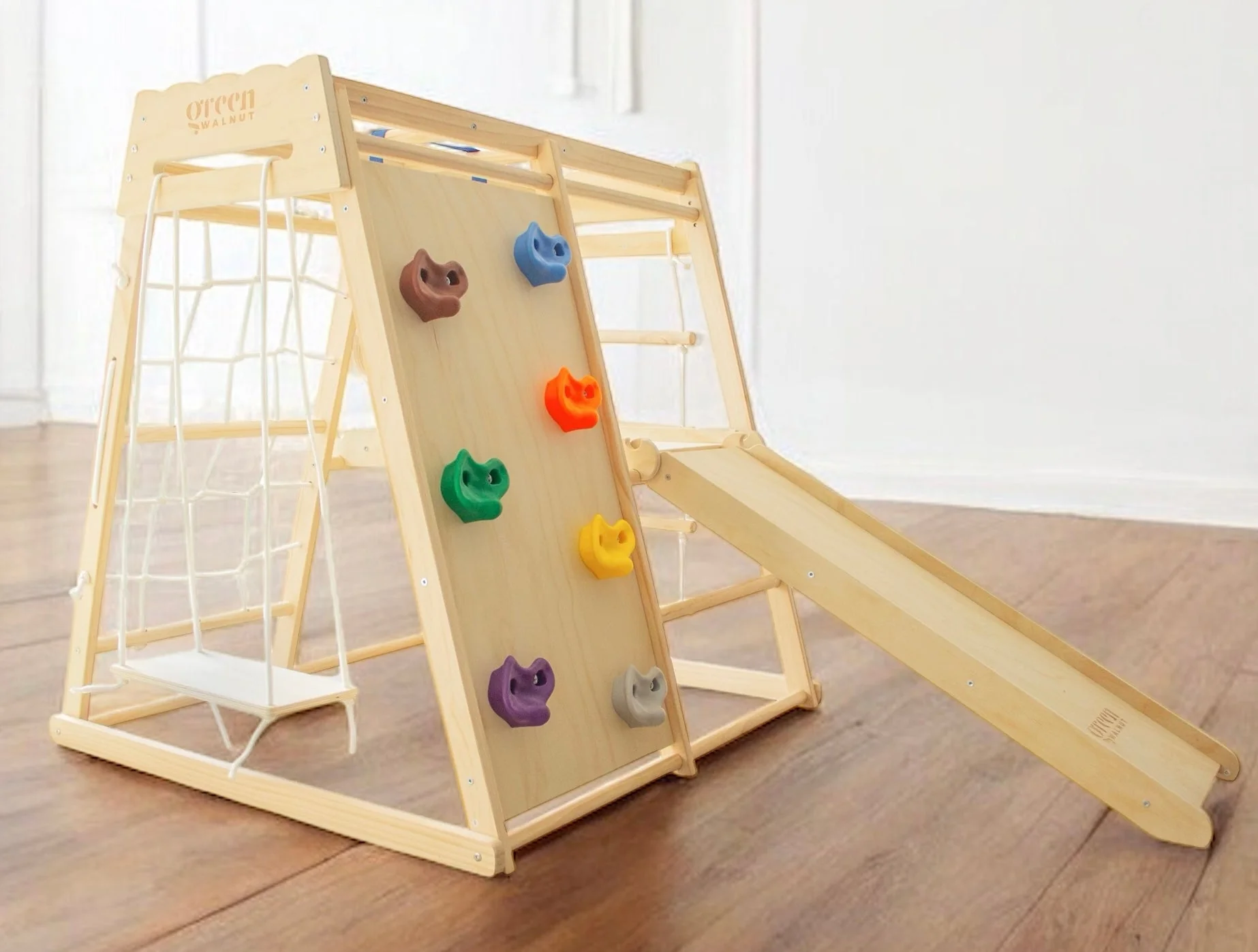 7-in-1 Wooden Kids Jungle Gym Playset with Slide Climbing Net & Swing - Image 3