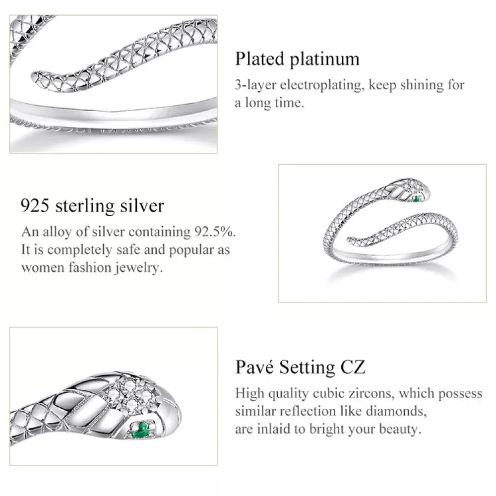 925 Sterling Silver Adjustable Snake Ring With Green Zircon - Fashion Jewelry In 4 Colors - Image 20