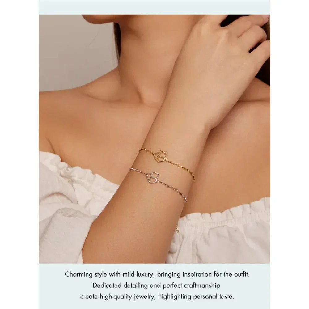 925 Sterling Silver Cat Heart Chain Bracelet - Image 13