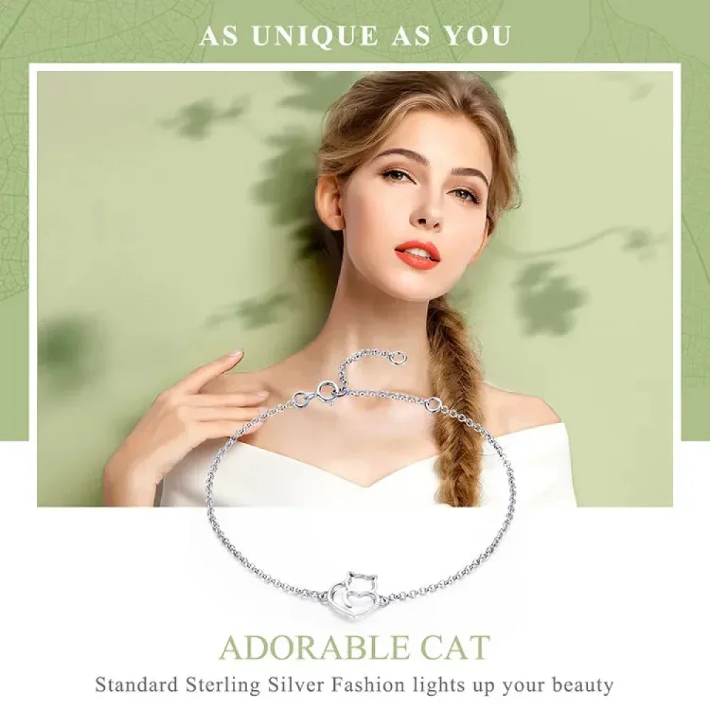 925 Sterling Silver Cat Heart Chain Bracelet - Image 15
