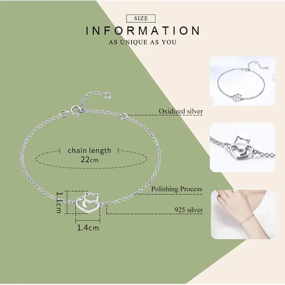 925 Sterling Silver Cat Heart Chain Bracelet - Image 17