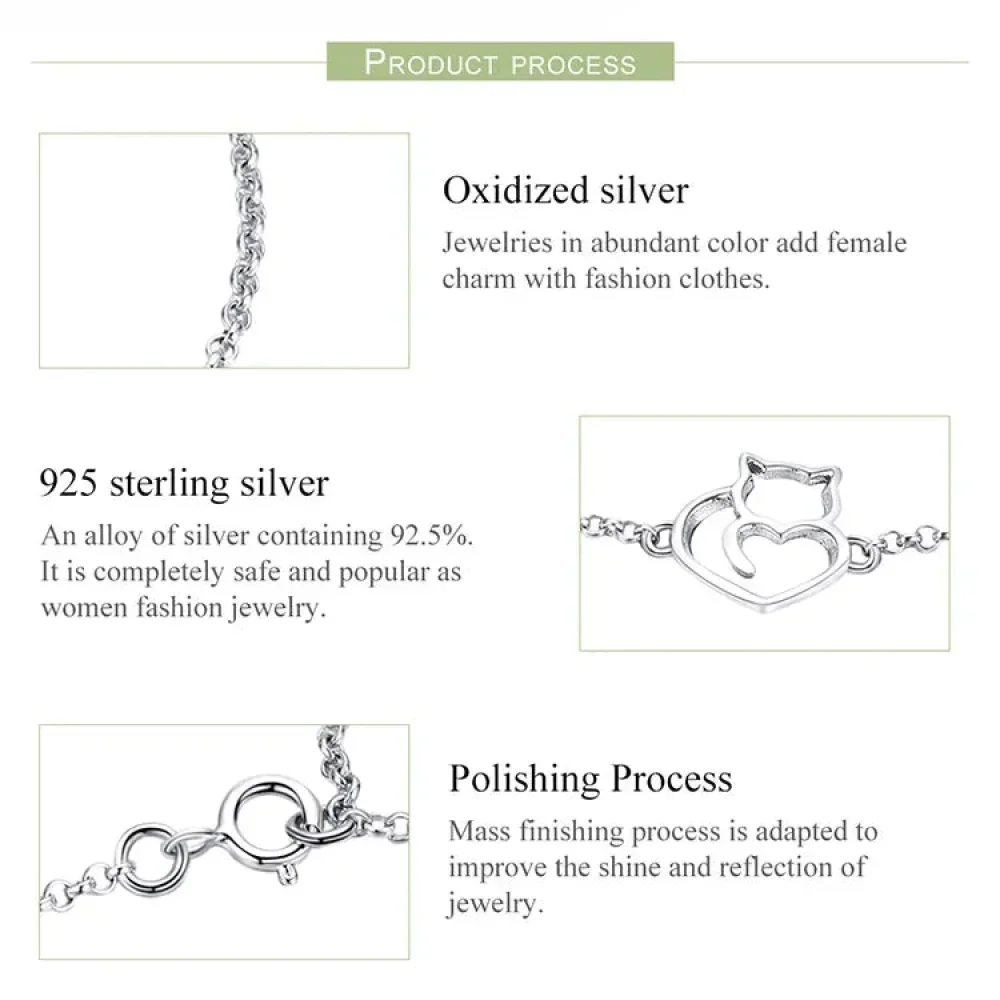 925 Sterling Silver Cat Heart Chain Bracelet - Image 18