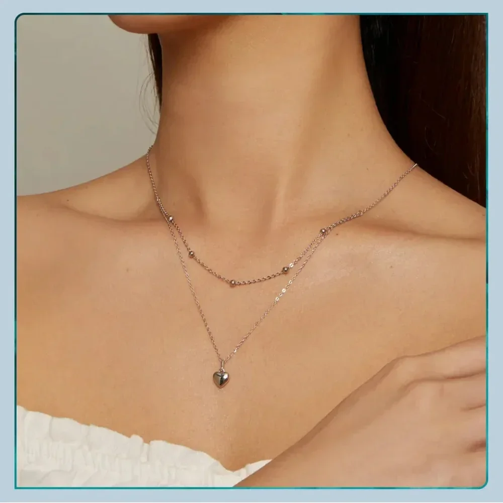 925 Sterling Silver Double Layer Heart Pendant Choker Necklace - Image 17