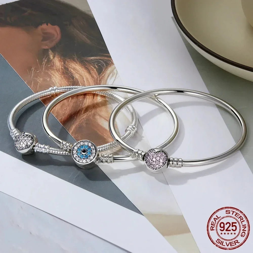 Sterling Silver Snake Chain Bangle Bracelet with CZ Pavé - Image 8
