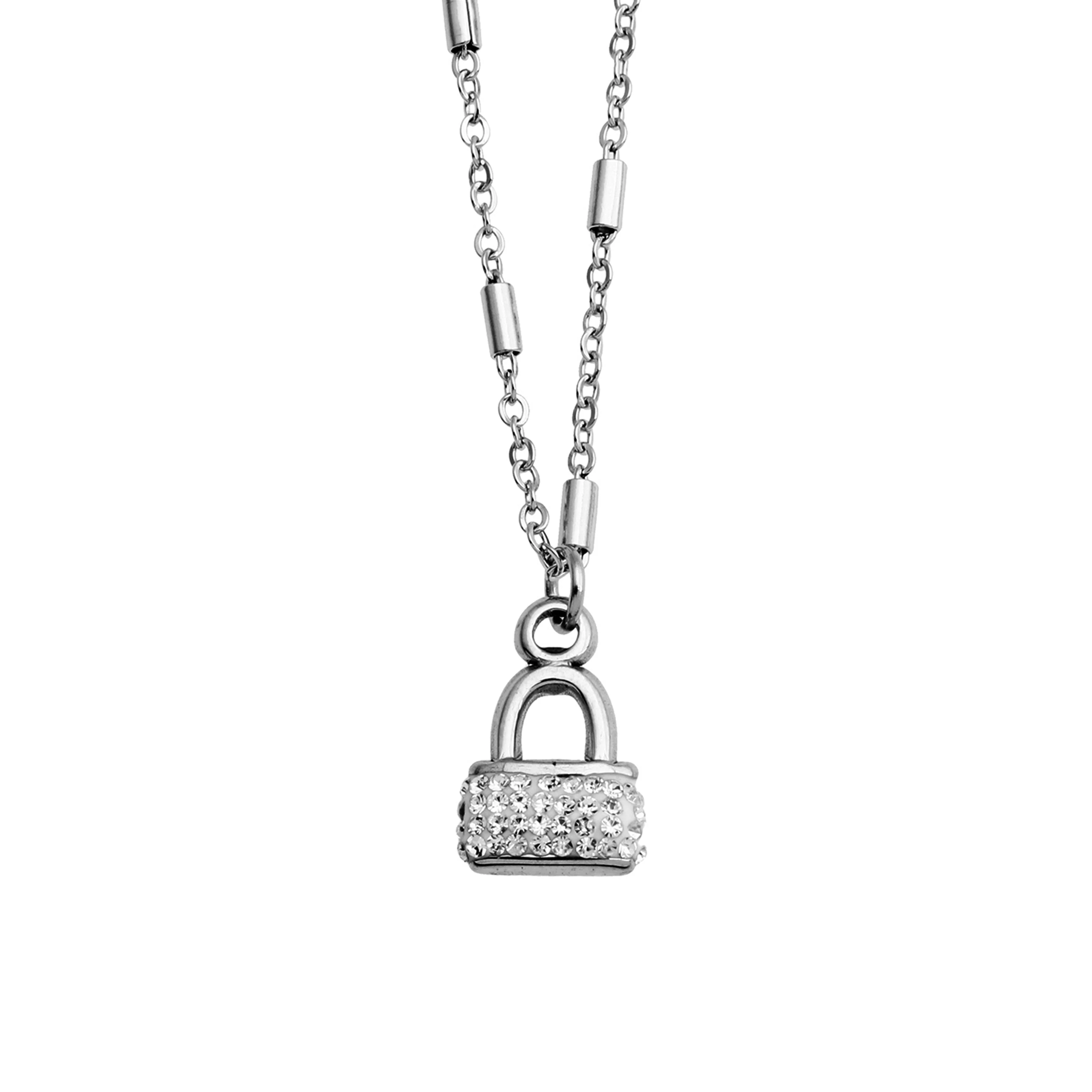 ABENI Tube Bead Chain Necklace with a Pavé Zirconia Pad Lock Pendant in Silver - Image 2