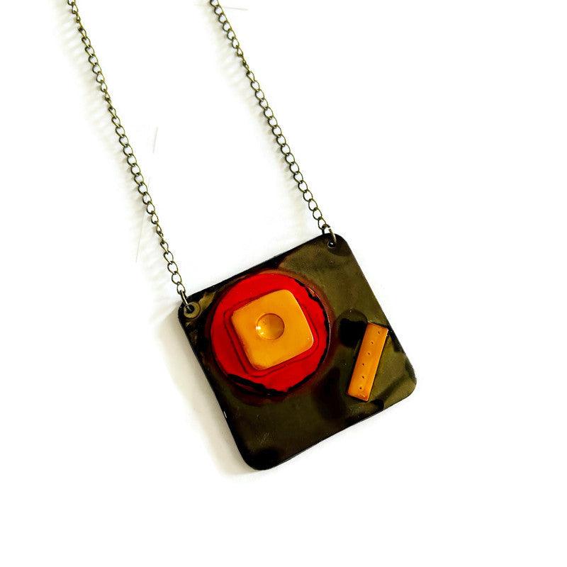 Abstract Geometric Pendant Necklace in Gray, Red, Yellow. Chunky Handmade Polymer Clay - Image 2
