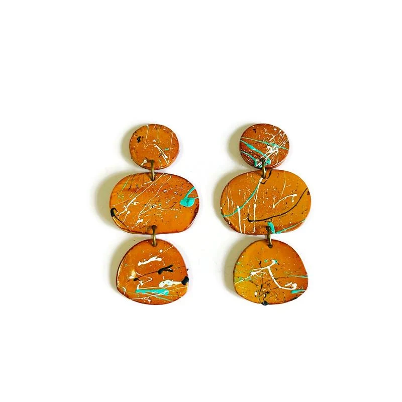 Abstract Painted Statement Earrings in Mustard Yellow
