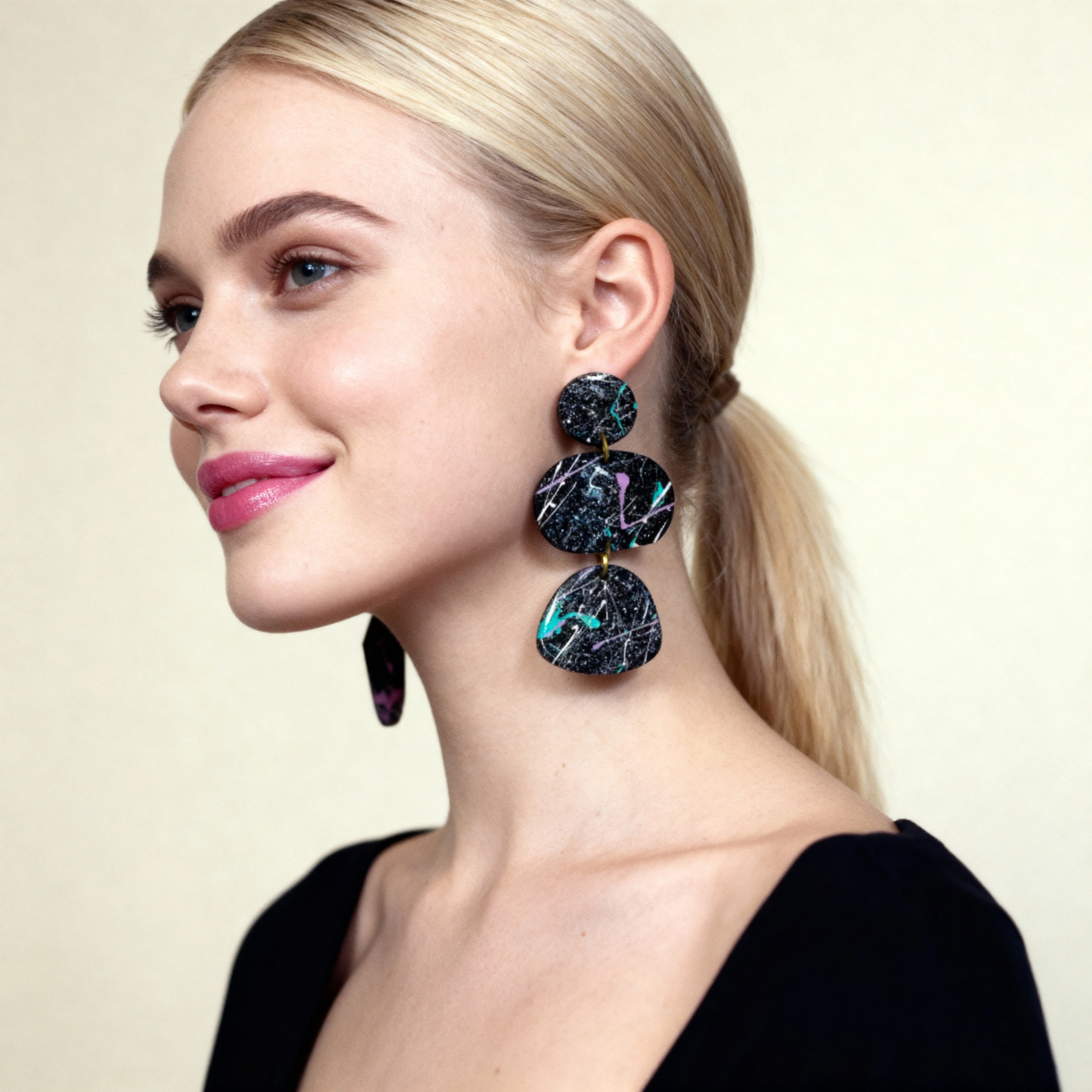Abstract Painted Statement Earrings in Mustard Yellow - Image 5
