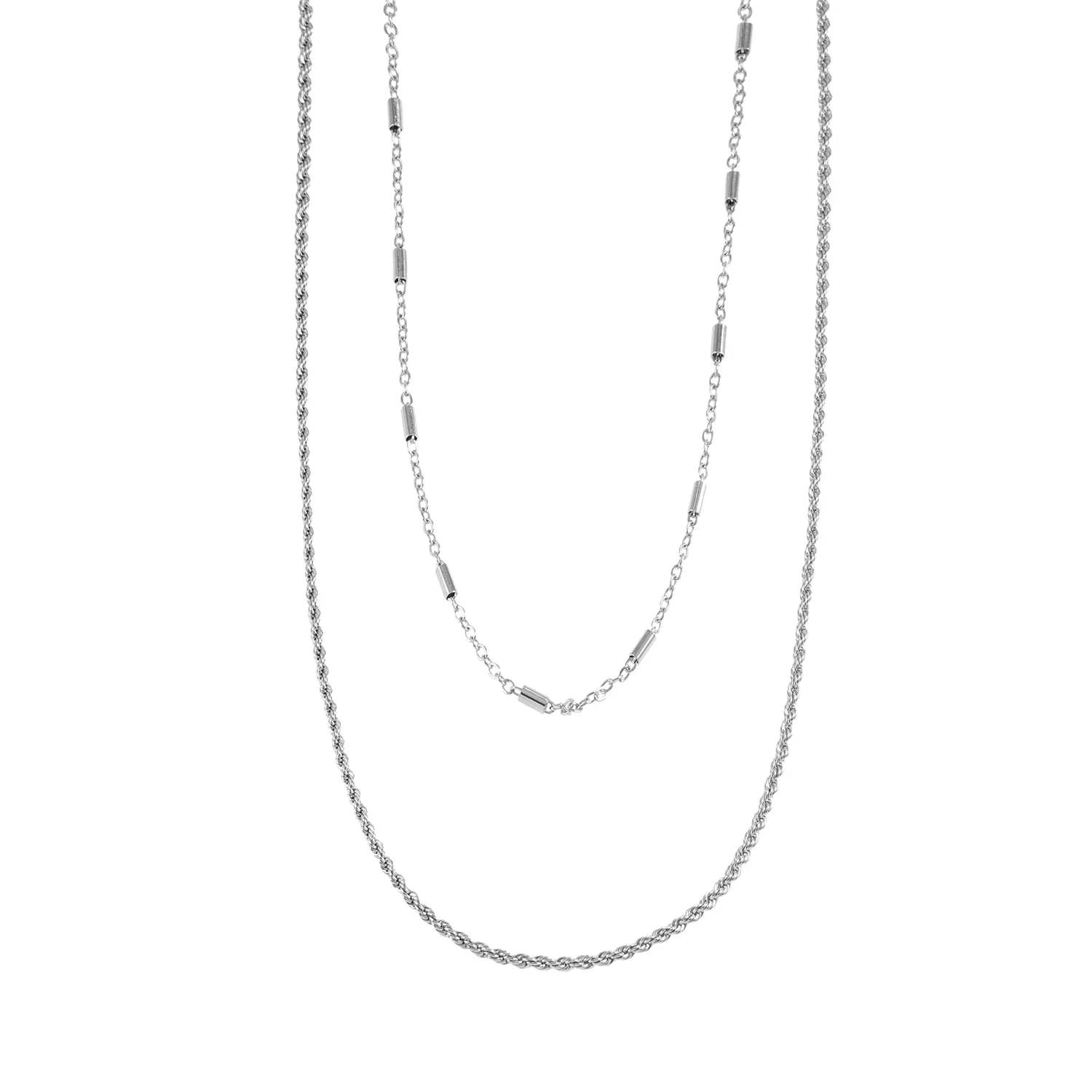 ADDA: Double Layer Mixed Chain Necklace in Silver Toned White Gold - Image 3
