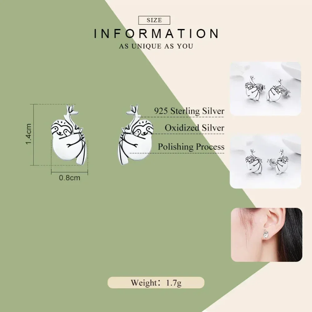 Adorable Sloth Stud Earrings In Sterling Silver - Cute Animal Jewelry - Image 3