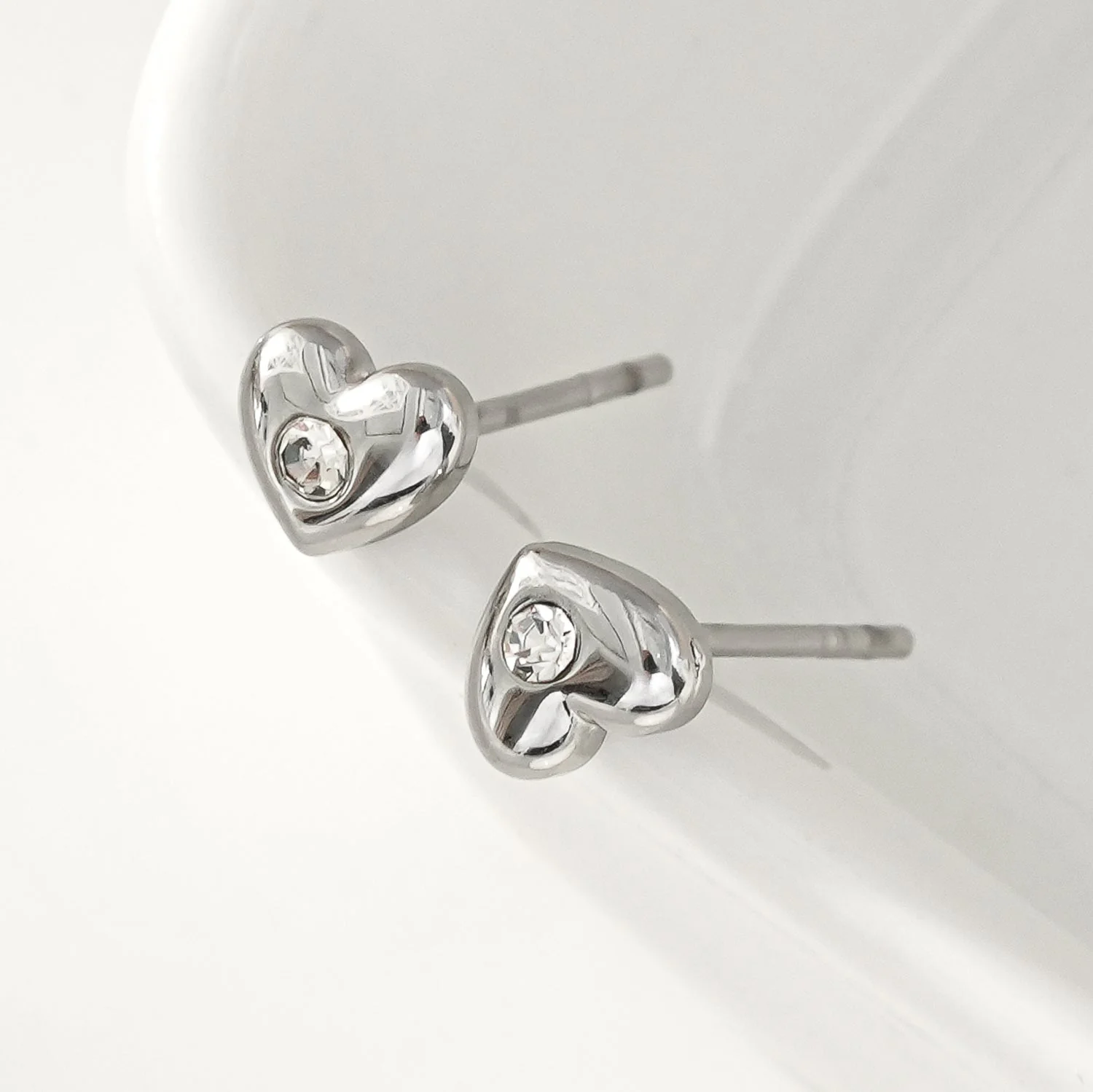 ADORE: Puffy Silver Heart Shaped Solitaire Zirconia (CZ) Stud Earrings - Image 5