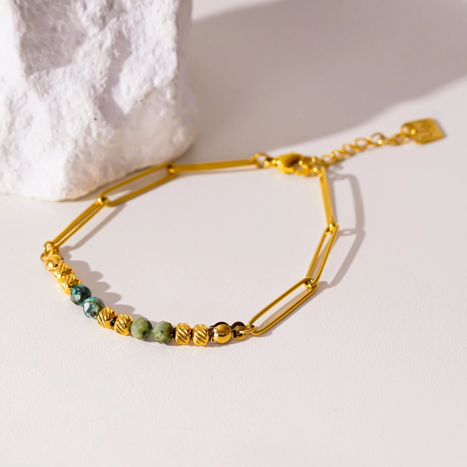 AIJAMI: Link-Chain, Gold Beads & African Turquoise Natural Stones Bracelet - Image 4
