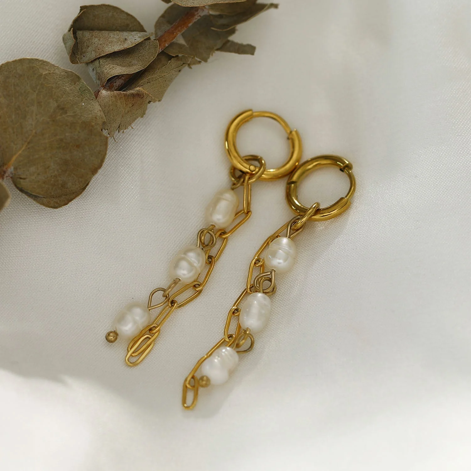AILIA Duo of Linked Chains with Fresh Water Pearls Drop Earrings - Image 6