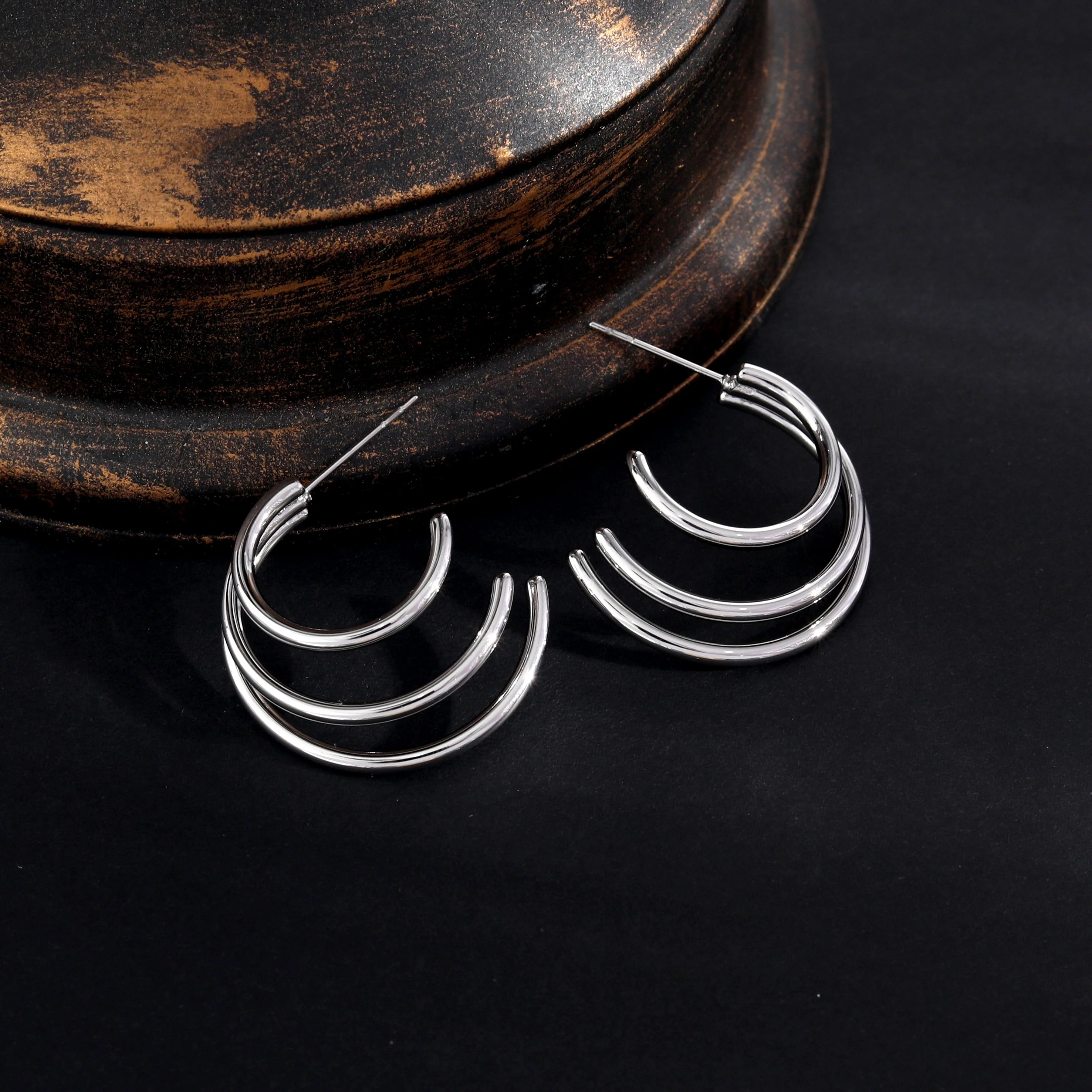AILSA Triple Stacked Silver Hoop Earrings - Image 4