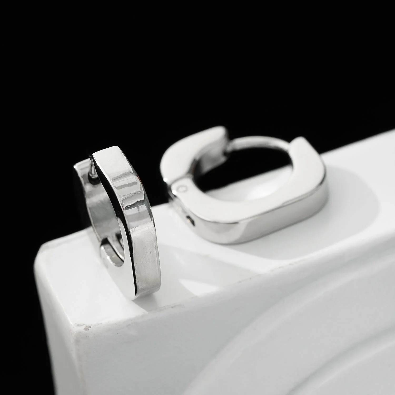 AIRA White Gold (Silver Toned): Industrial Chic-Tiny Rounded Squared Hoop Earrings - Image 2