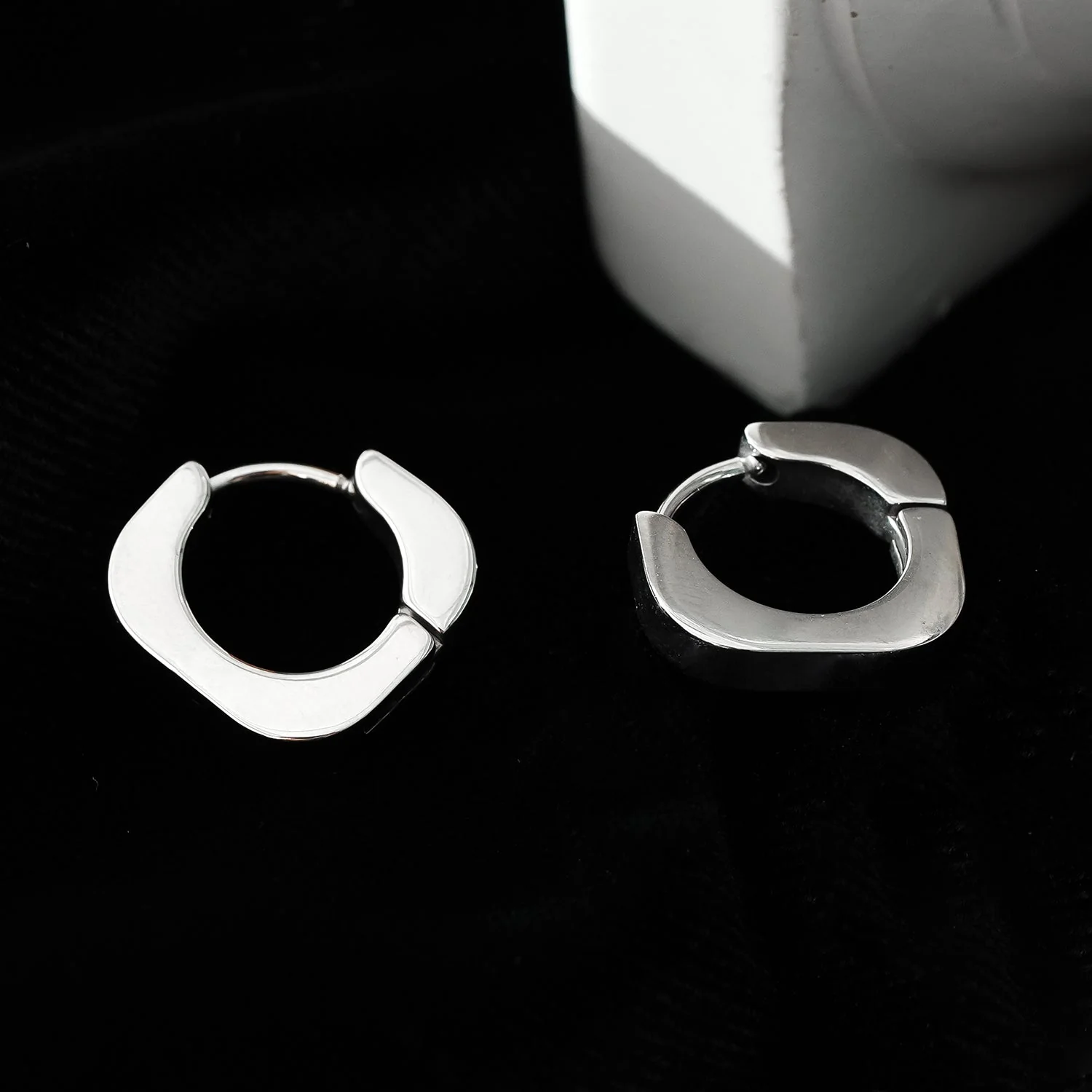 AIRA White Gold (Silver Toned): Industrial Chic-Tiny Rounded Squared Hoop Earrings - Image 5