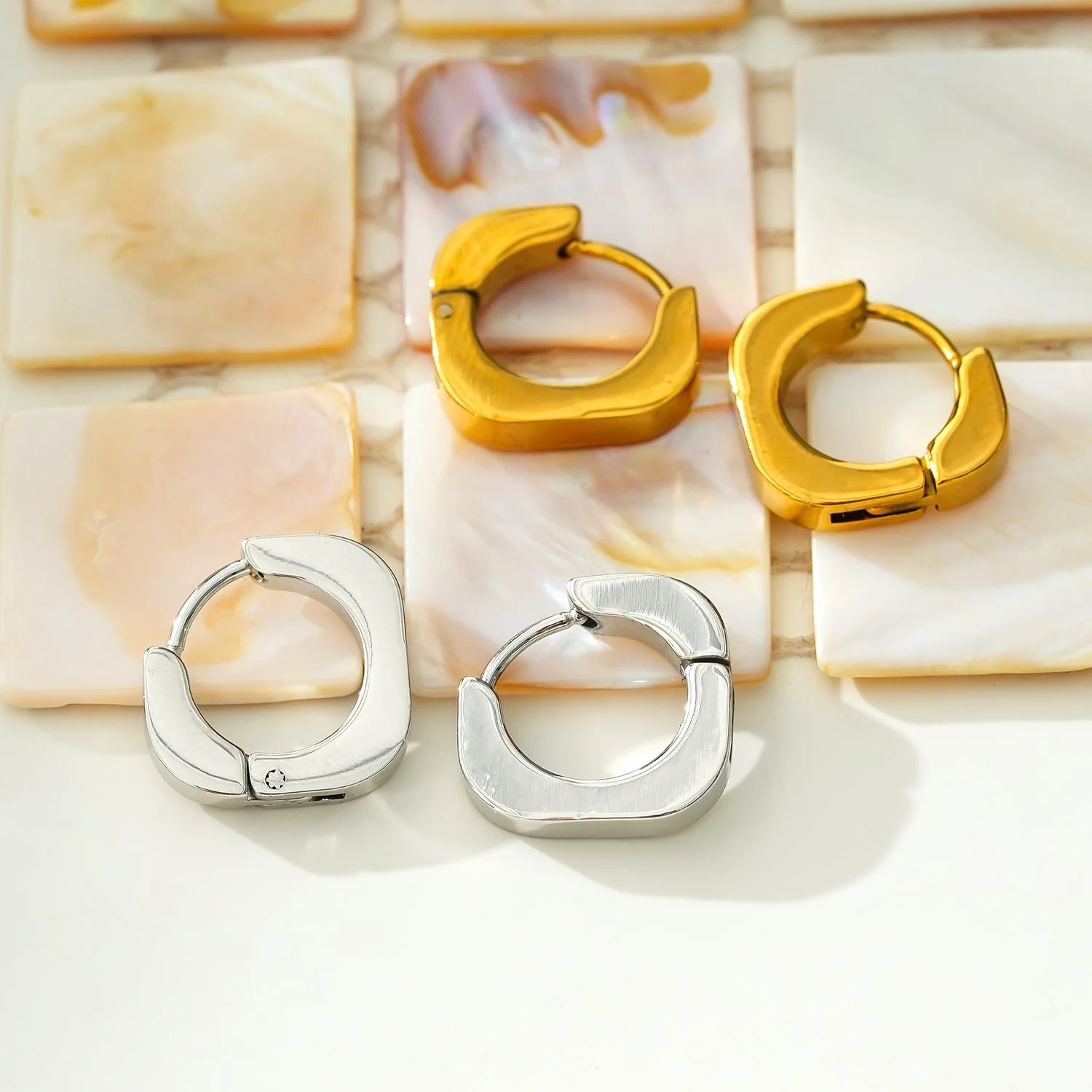 AIRA White Gold (Silver Toned): Industrial Chic-Tiny Rounded Squared Hoop Earrings - Image 6