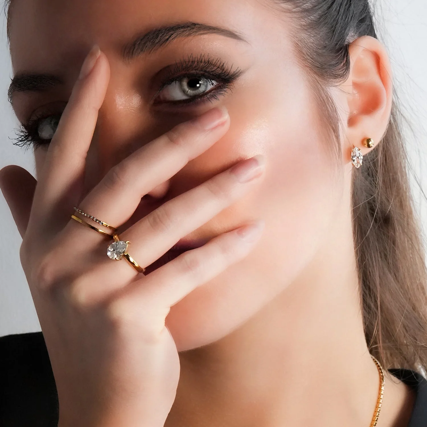AIZA: Twin Banded Ring with Pavé Zirconia & Smooth Finish Contrasting Surfaces - Image 2