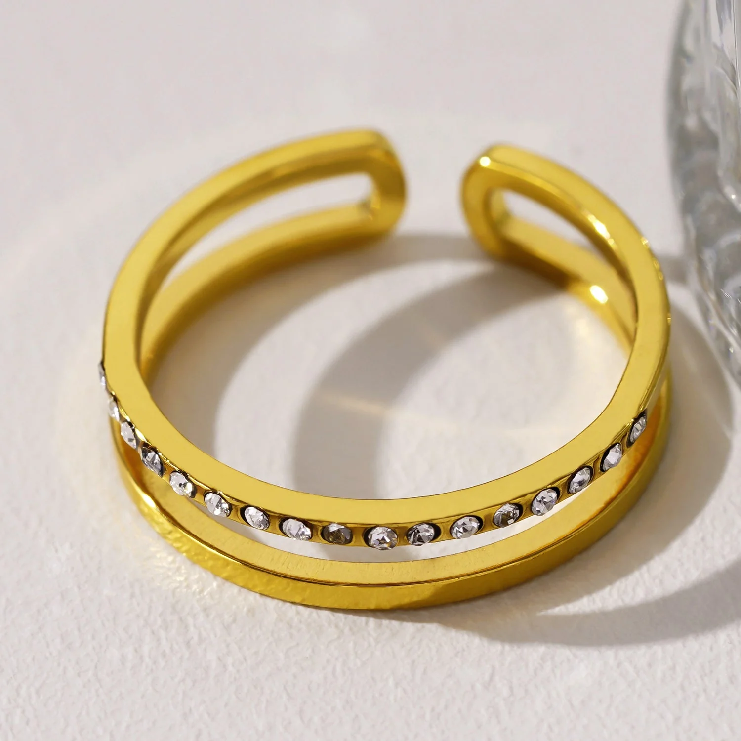 AIZA: Twin Banded Ring with Pavé Zirconia & Smooth Finish Contrasting Surfaces - Image 5
