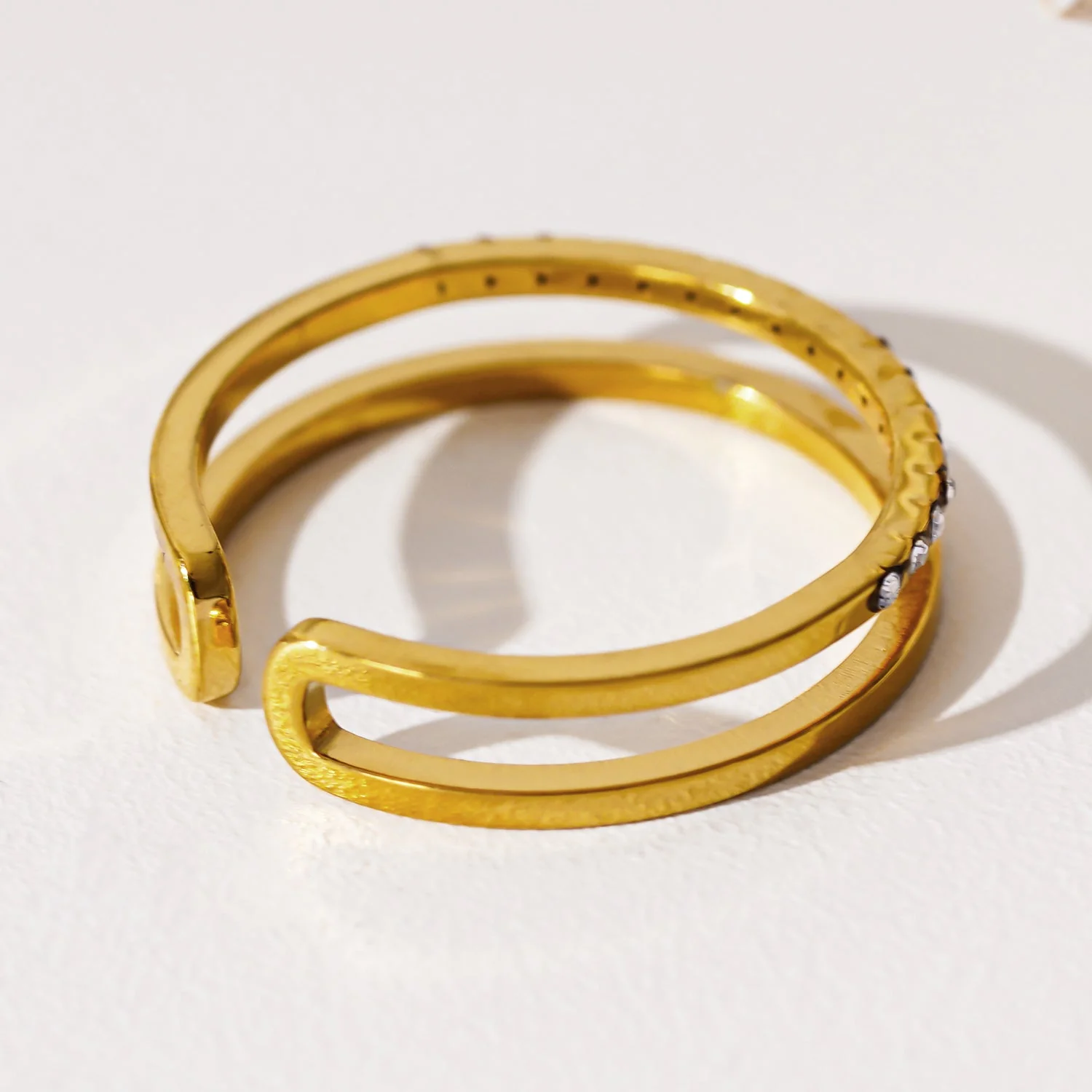AIZA: Twin Banded Ring with Pavé Zirconia & Smooth Finish Contrasting Surfaces - Image 6