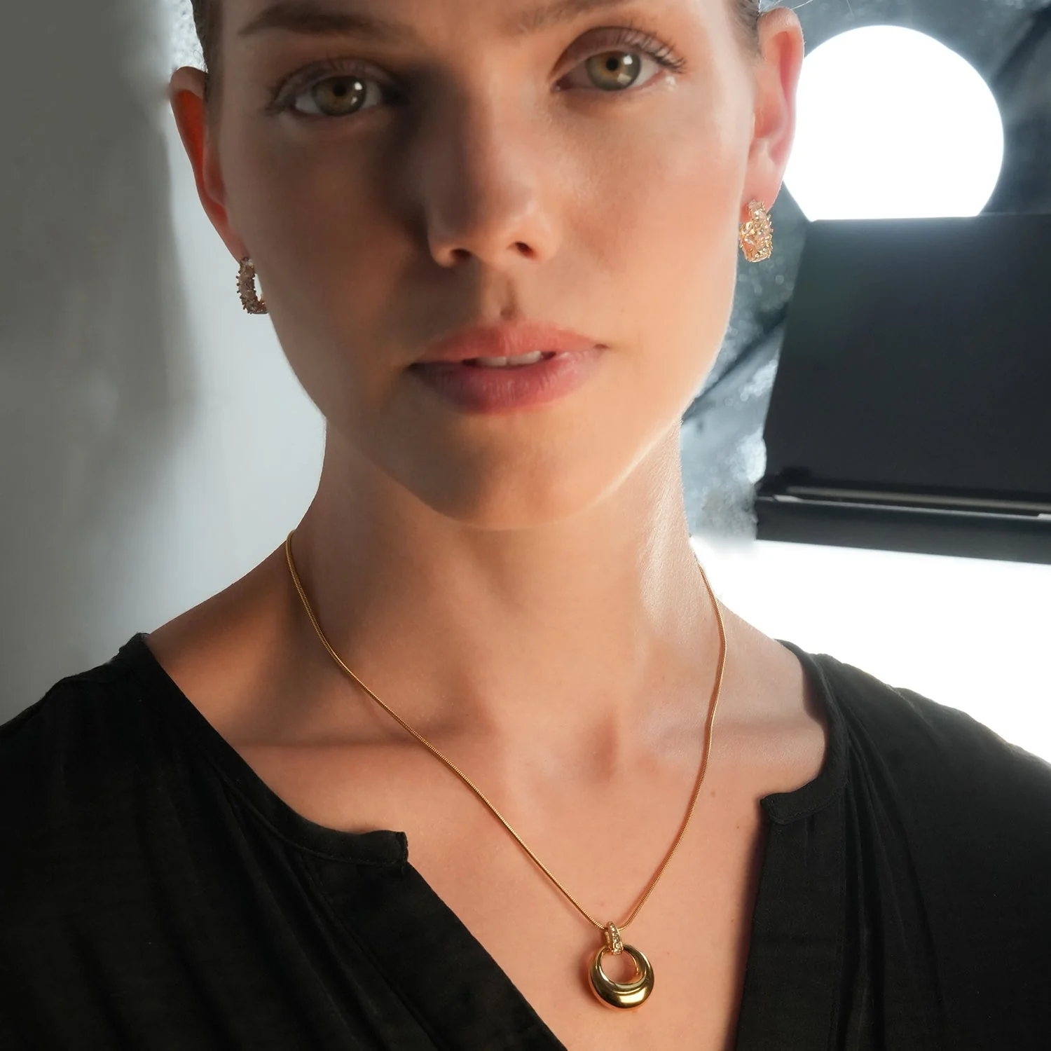 ALBASIMI: Snake Skin Chain with Zirconia (CZ) Embedded Clasp & Asymmetrical Circle Pendent. - Image 4