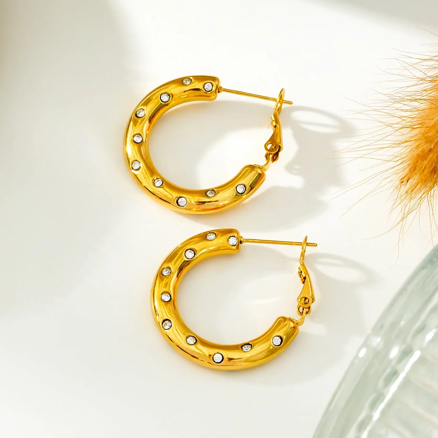 ALFRISTON Gold: Mid-Width Hoops Embedded with Zirconia (CZ) Gemstones - Image 3