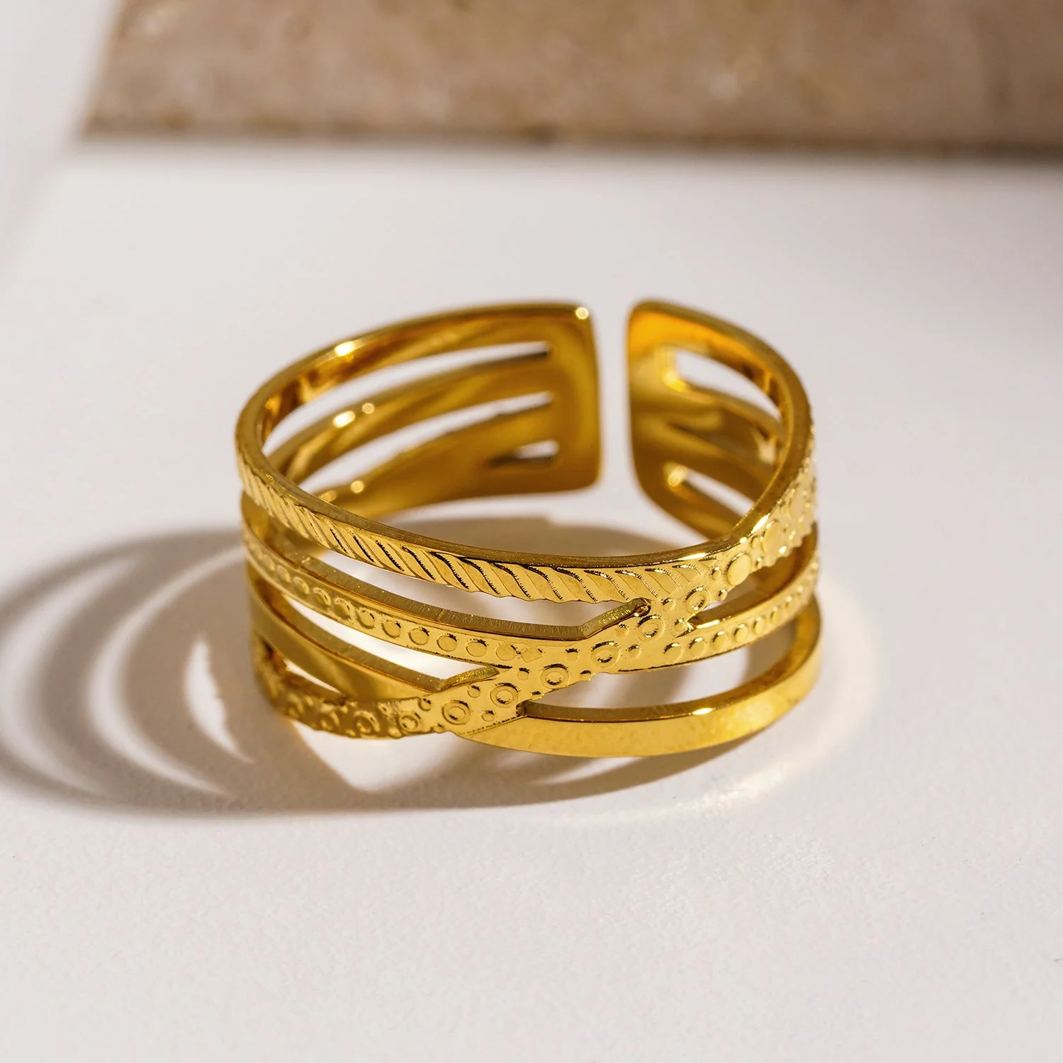 ALOIS: Cross Over Multi Stacked Textured Gold Ring - Image 3