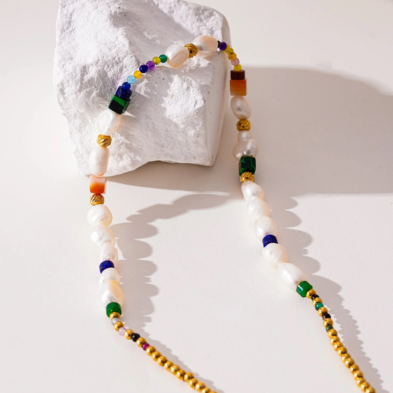 AMADIA: Paradise Found - Colourful Necklace with Gold Beads, Natural Stones, and Freshwater Pearls - Image 6