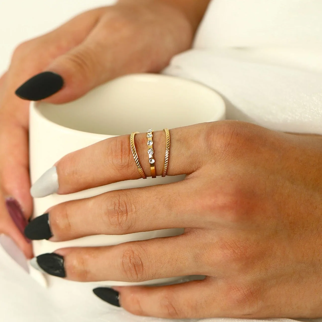 AMALIA: Triple Stacked Zirconia Embellished Gold Ring - Image 3