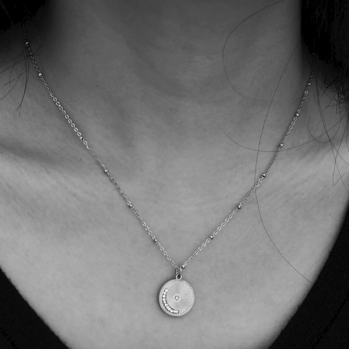AMASA: Beaded Chain with Star & Pavé Crescent Moon Zirconia Charm - Silver - Image 2