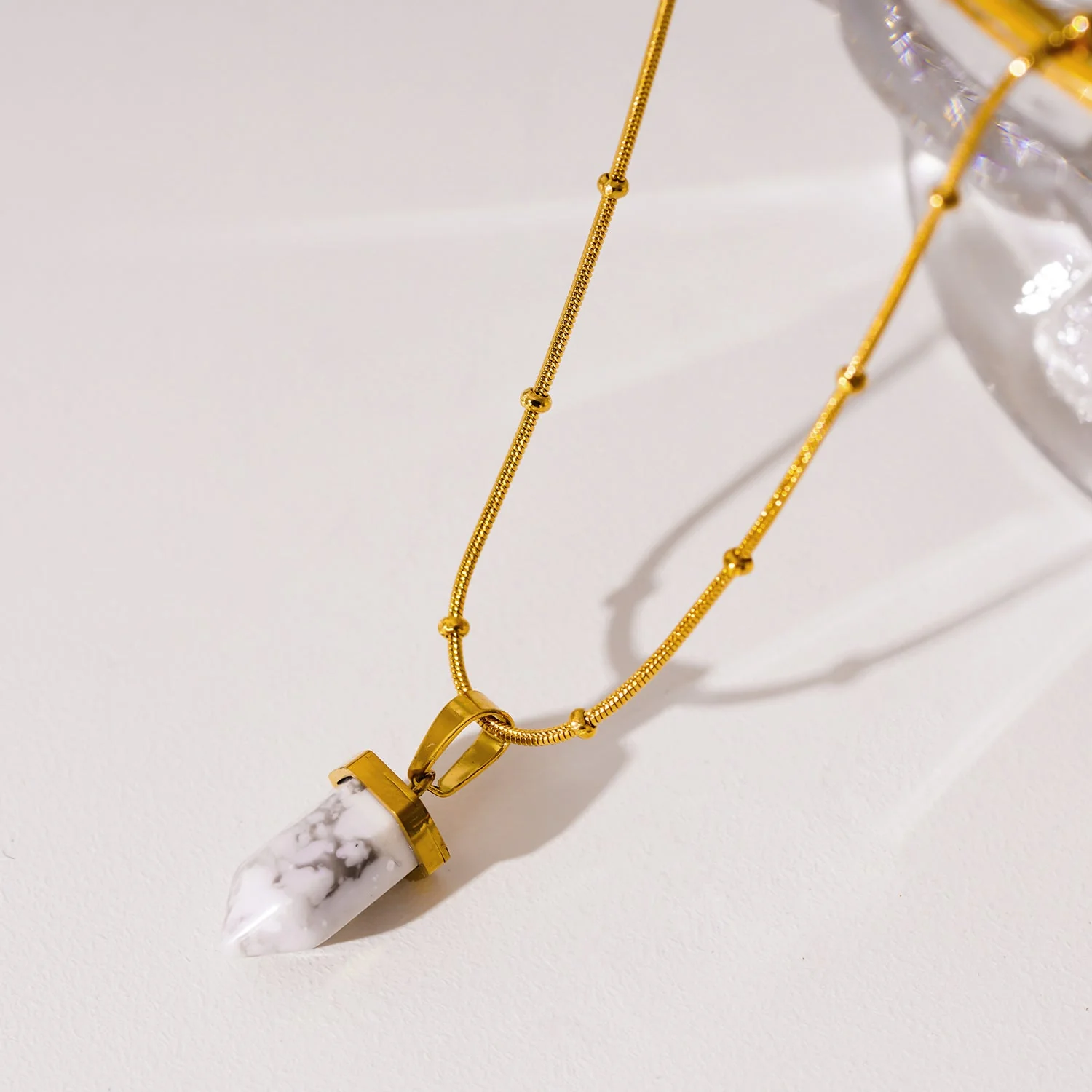 AMELIE: White Turquoise Stone Pendant Anchored on a Beaded Snake Skin Textured Chain Necklace - Image 6