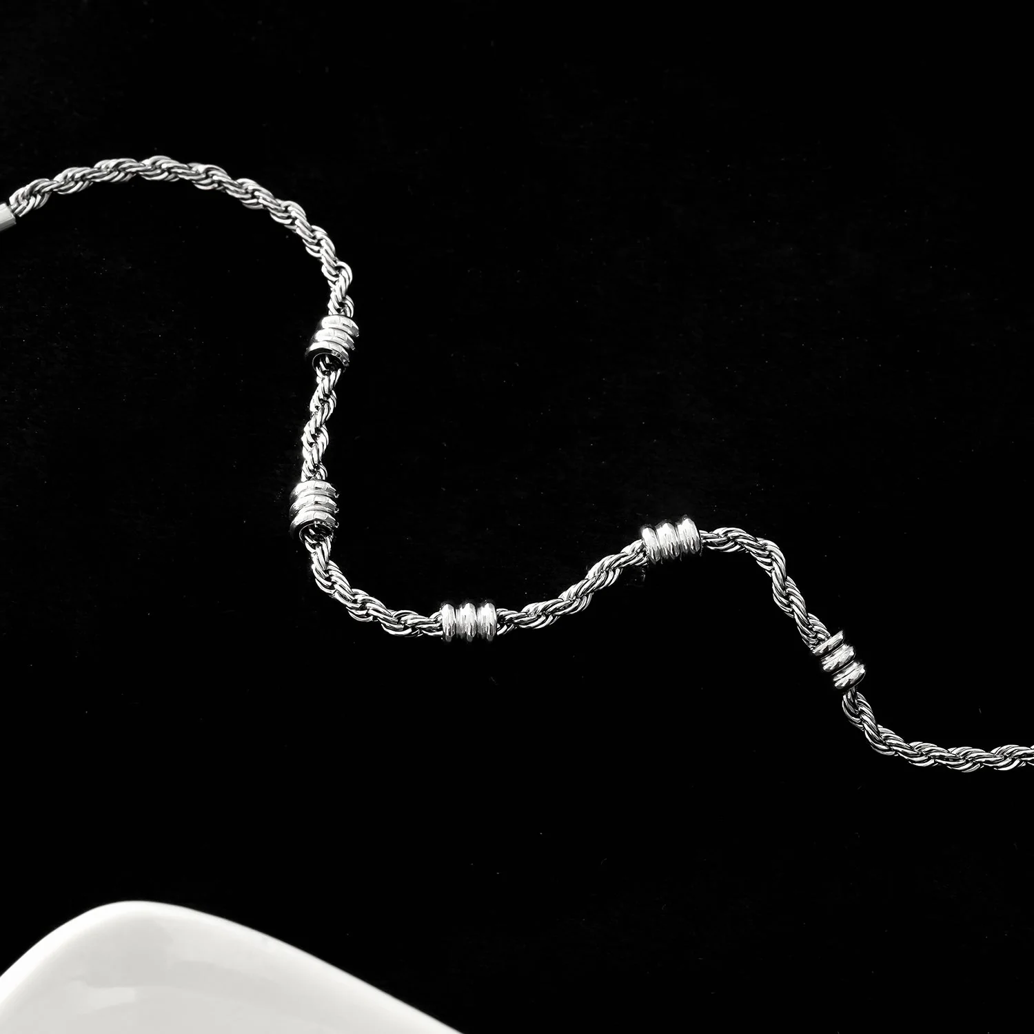 AMIENS: Silver Toned White Gold Beaded Rope Chain Bracelet - Image 5