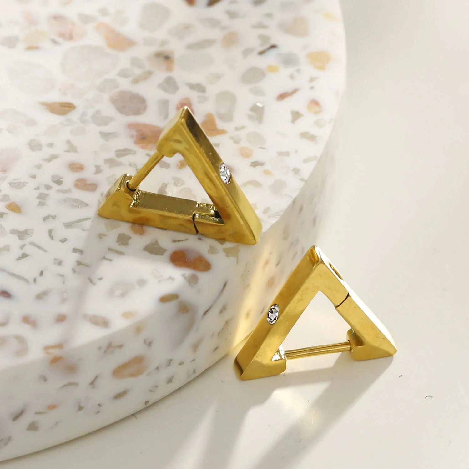 AMIRA: Triangle Shaped Mini Hoop Earrings with Solitaire Zirconia. - Image 3