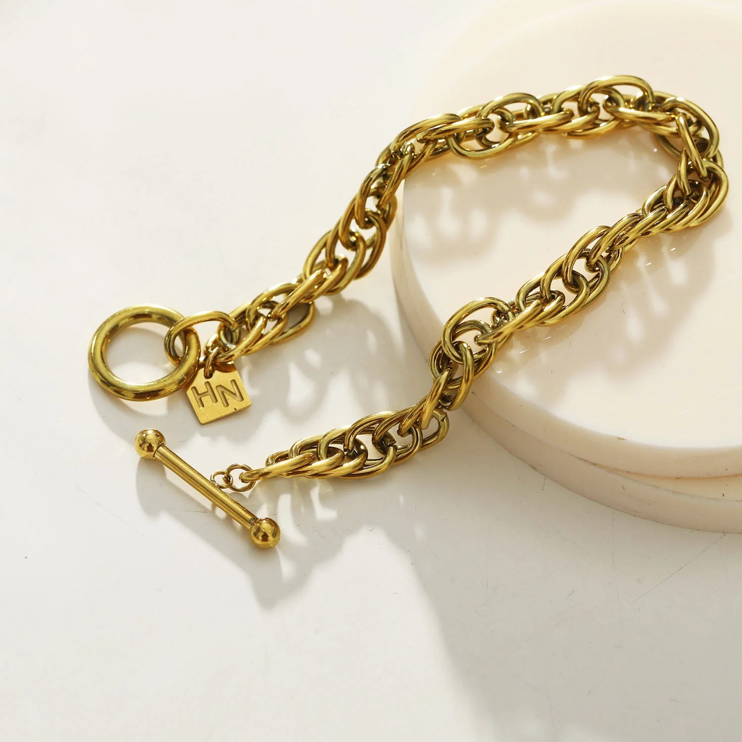 ARDA Gold: Chunky Intricate Multi-Link Bracelet with Circle & T-Stopper - Image 6