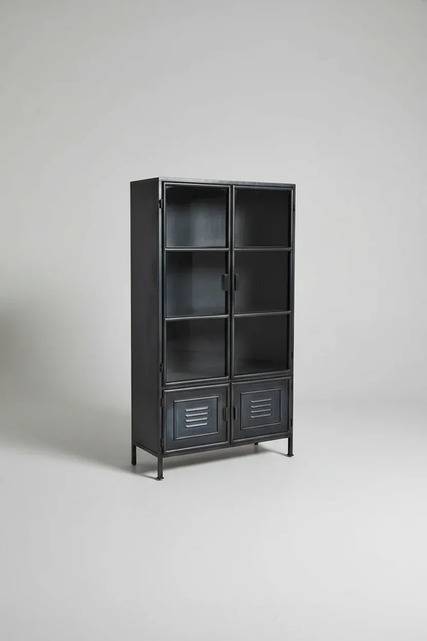 Armoire vintage en acier noir avec portes vitrées - Image 2