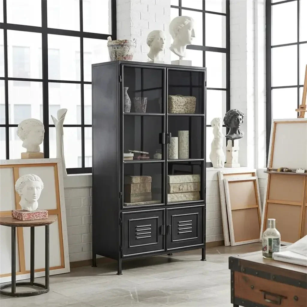 Armoire vintage en acier noir avec portes vitrées - Image 3