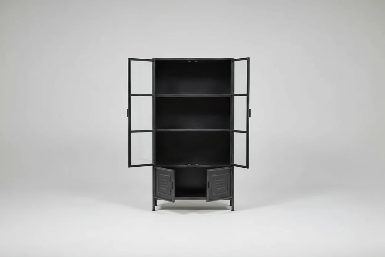 Armoire vintage en acier noir avec portes vitrées - Image 4