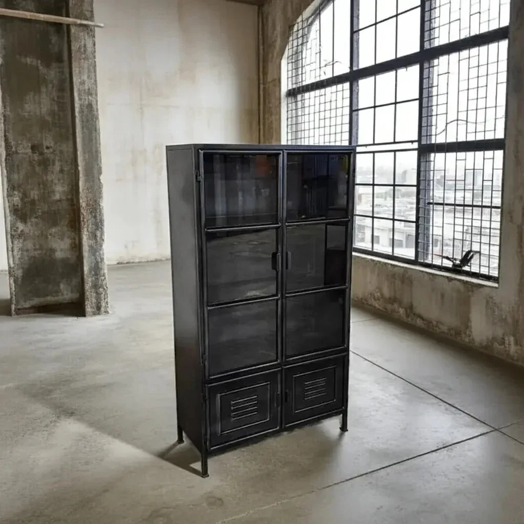 Armoire vintage en acier noir avec portes vitrées - Image 5