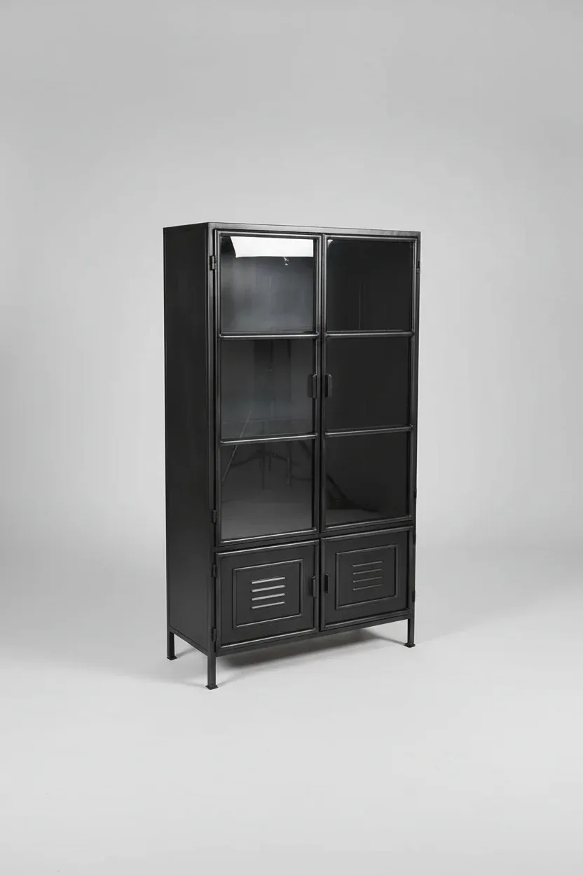 Armoire vintage en acier noir avec portes vitrées - Image 6