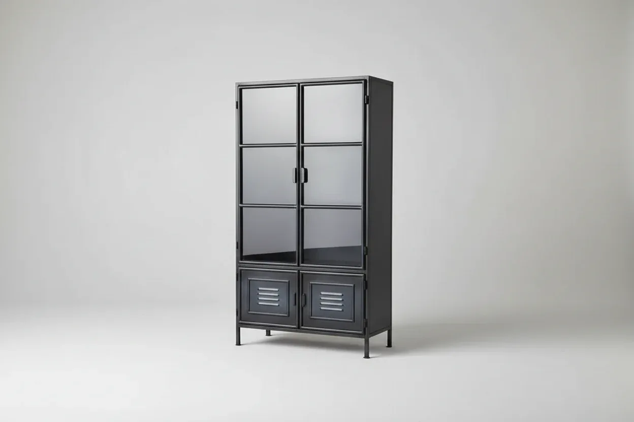Armoire vintage en acier noir avec portes vitrées - Image 7